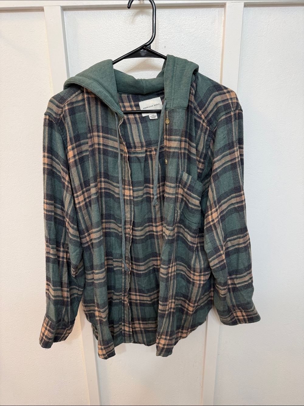 American Eagle Green Plaid Hooded Flannel Shirt Jacket
